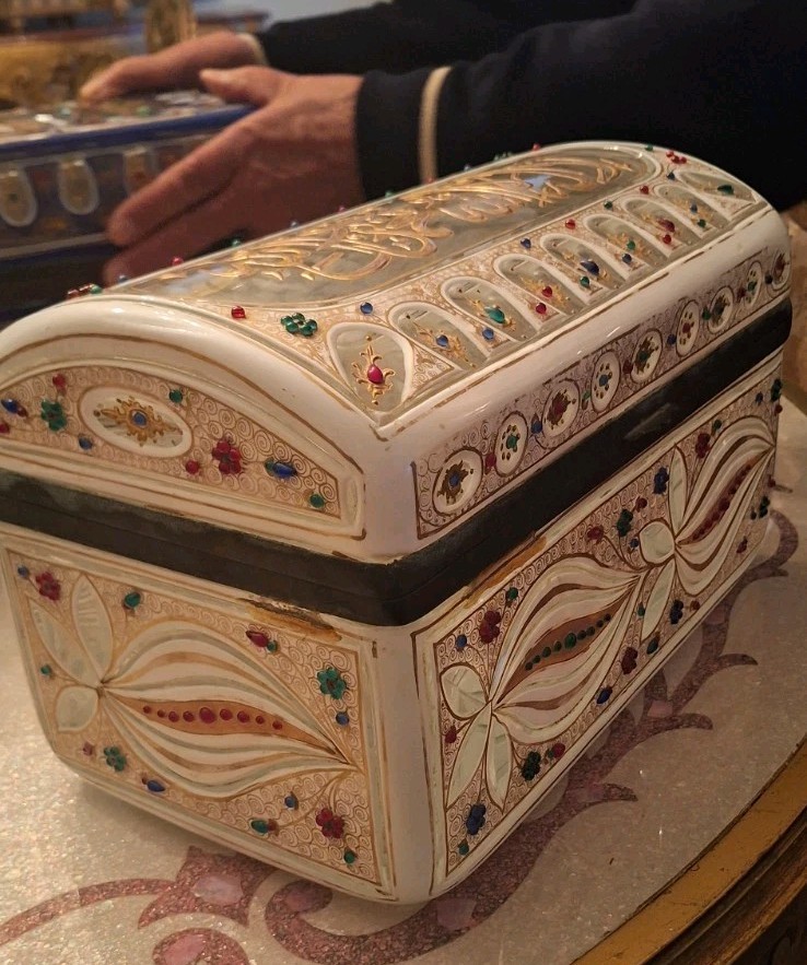 Vintage Italian Crystal Jewelry Box  With Semi Precious Stones Islamic Saying