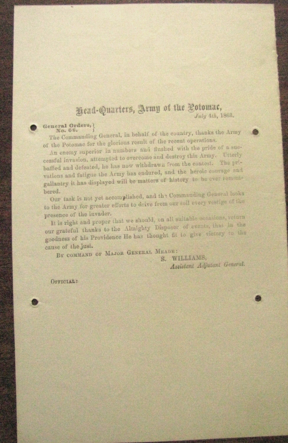 CIVIL WAR BATTLE OF GETTYSBURG ARMY THE POTOMAC JULY 4 1863 VICTORY ORDER CIVIL WAR BATTLE OF GETTYSBURG ARMY THE POTOMAC JULY 4 1863 VICTORY ORDER