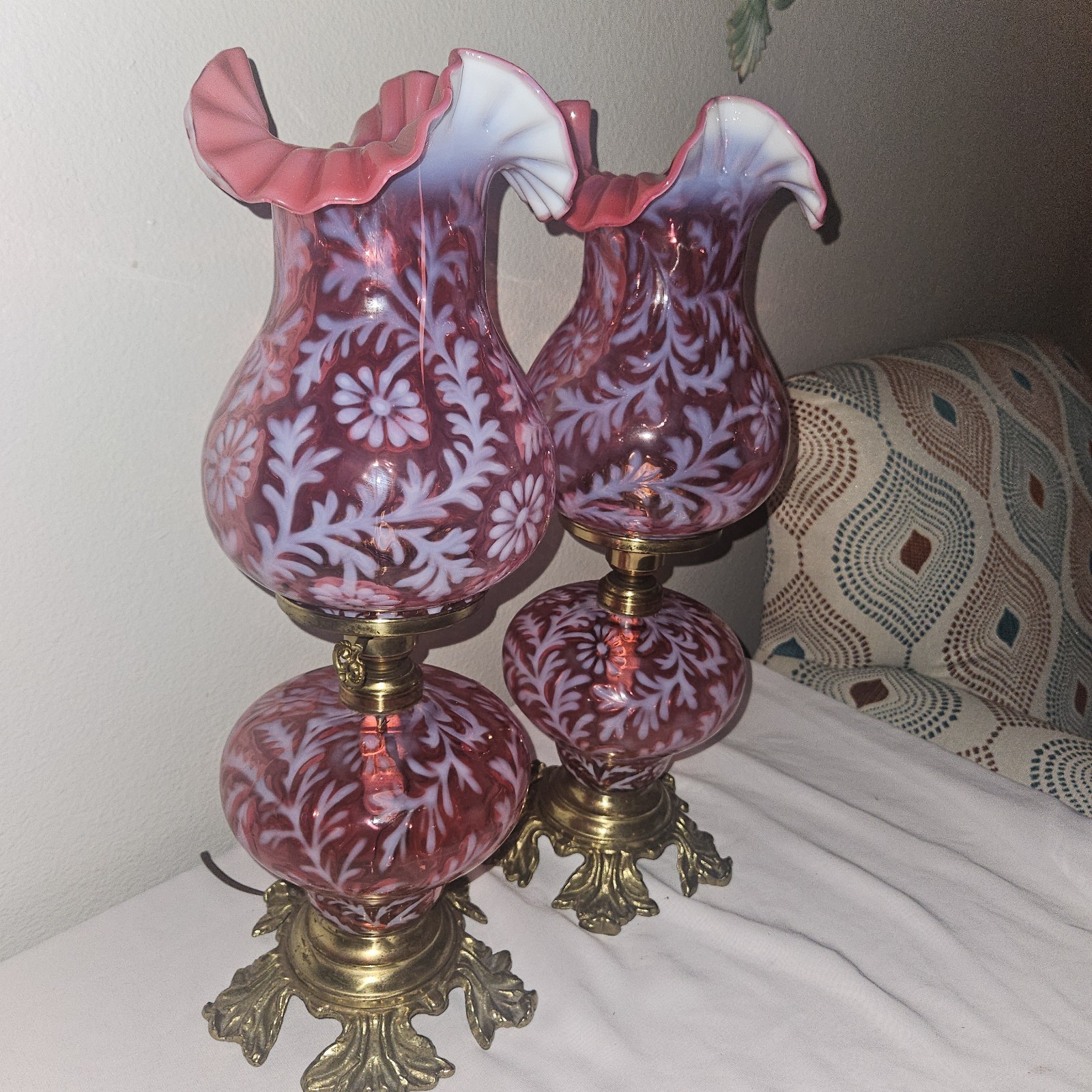PAIR  1900s FENTON/L G WRIGHT DAISY AND FERN GONE WITH THE WIND CRANBERRY LAMPS