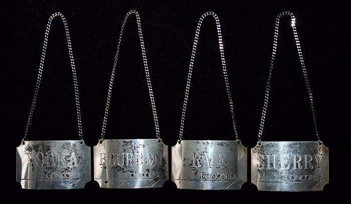 Beautiful Set 4 BOAC Concorde Sterling Silver Liquor Bottle Labels Date Marked Beautiful Set 4 BOAC Concorde Sterling Silver Liquor Bottle Labels Date Marked