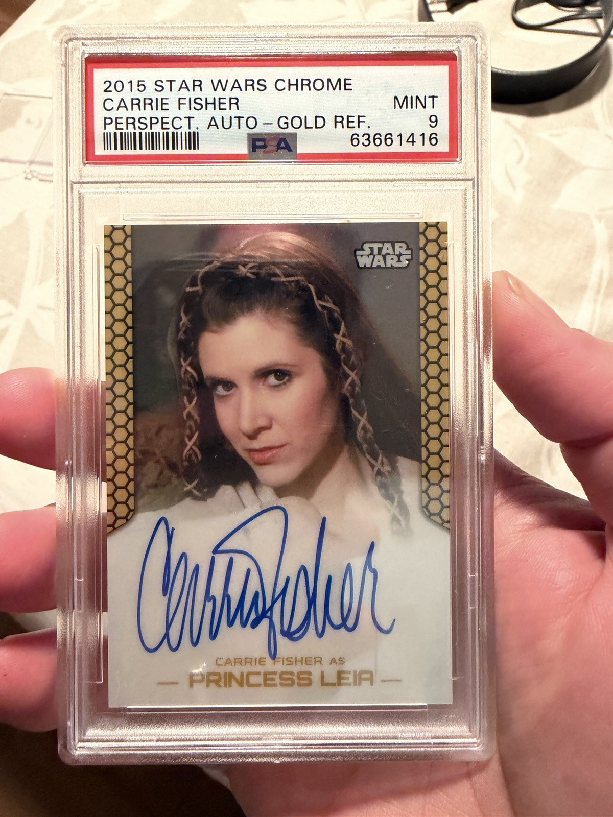 2015 Topps Chrome Star Wars Perspectives Carrie Fisher Auto Leia Gold /10 PSA 9