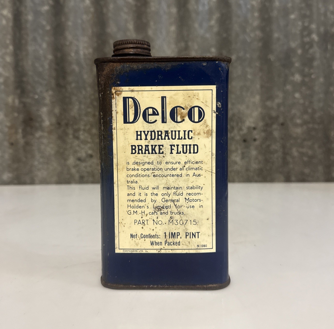HOLDEN GMH DELCO Brake Fluid 1 imp Pint Vintage Australian Automobile Tin HOLDEN GMH DELCO Brake Fluid 1 imp Pint Vintage Australian Automobile Tin