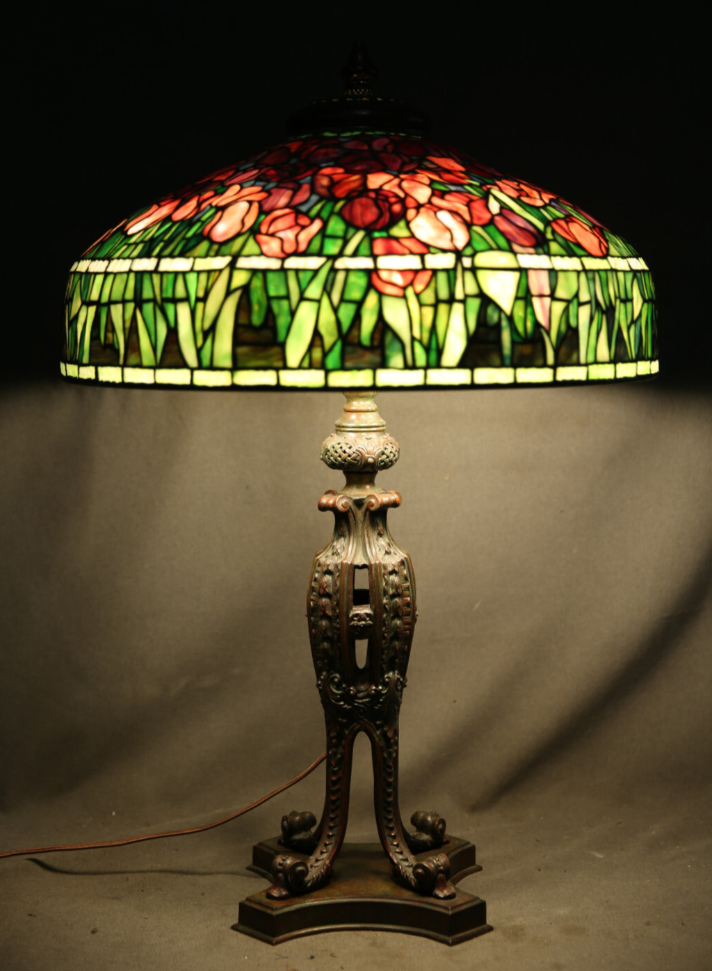 American Table Lamp Leaded Colored Glass with Bronze Base Tiffany Floral Tulips