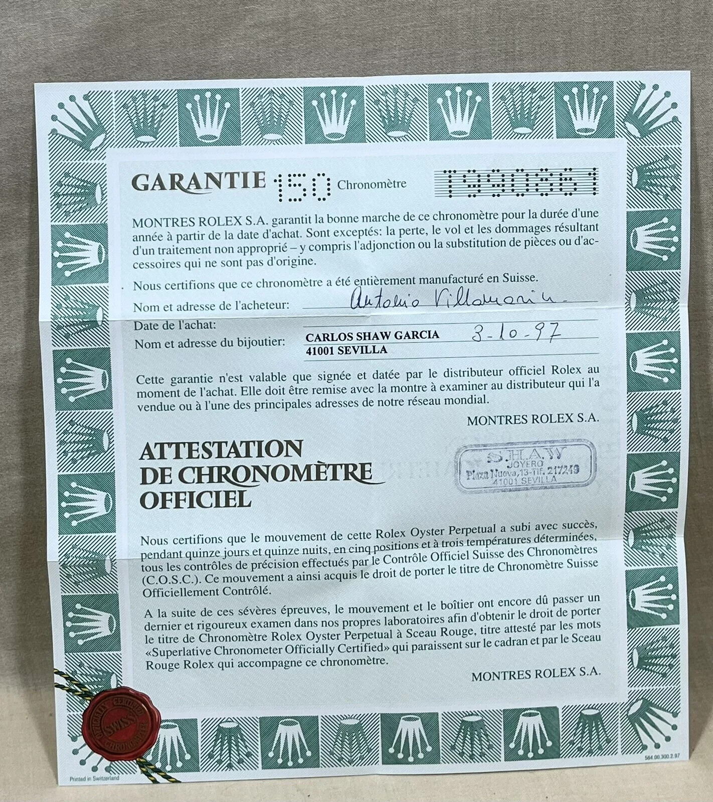 Rolex 1997 Chronometer Certificate T990861 150 Submariner Date 16610 Steel OEM