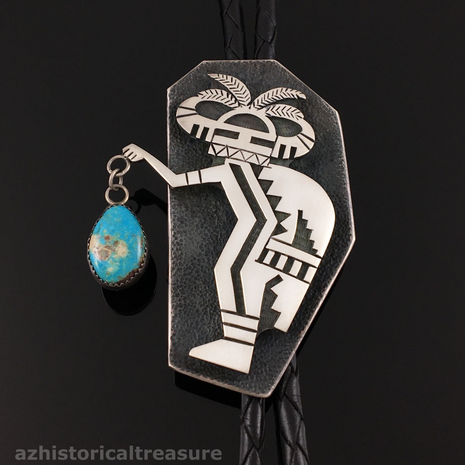 BEAUFORD DAWAHOYA - NATIVE AMERICAN HOPI SILVER & TURQUOISE BOLO TIE BEAUFORD DAWAHOYA - NATIVE AMERICAN HOPI SILVER & TURQUOISE BOLO TIE