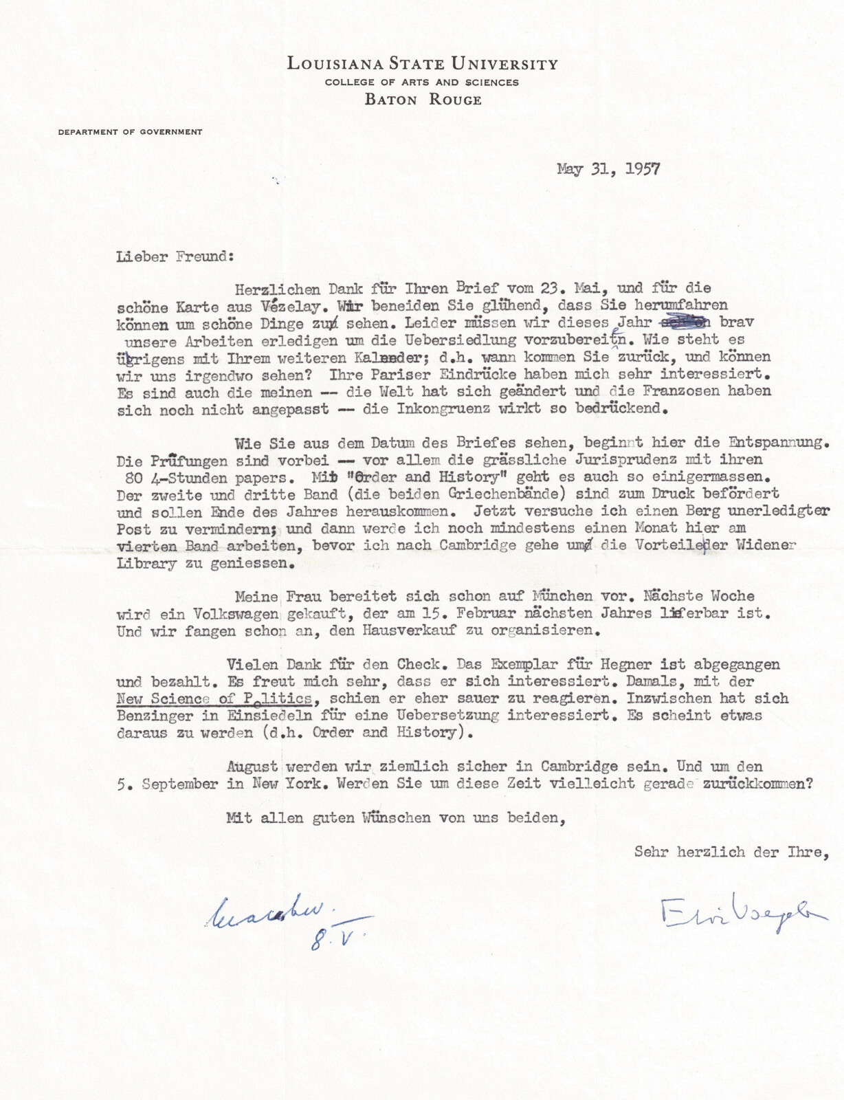 Eric Voegelin Philosopher 1957 Typed Signed Letter LSU Impressions Paris French Eric Voegelin Philosopher 1957 Typed Signed Letter LSU Impressions Paris French
