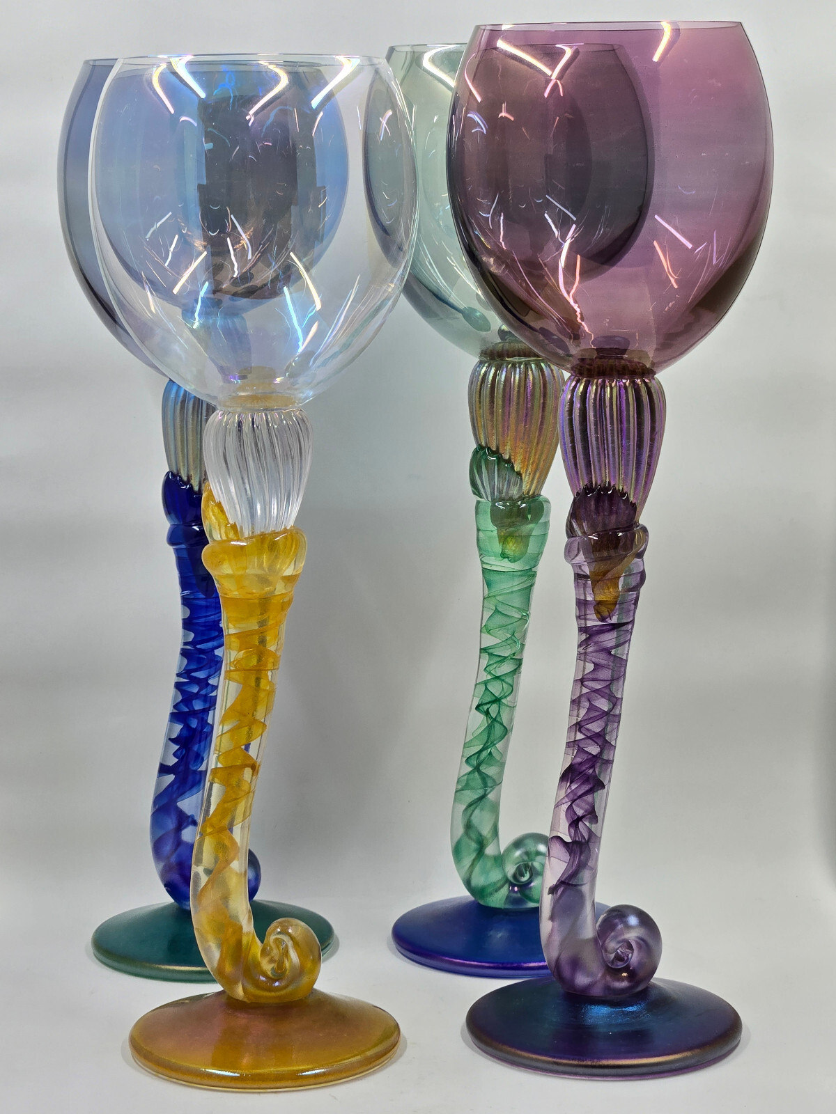 2003 Brioni Signed Iridescent Art Glass Tulip Stem Wine Goblets Glasses, Set-4 2003 Brioni Signed Iridescent Art Glass Tulip Stem Wine Goblets Glasses, Set-4