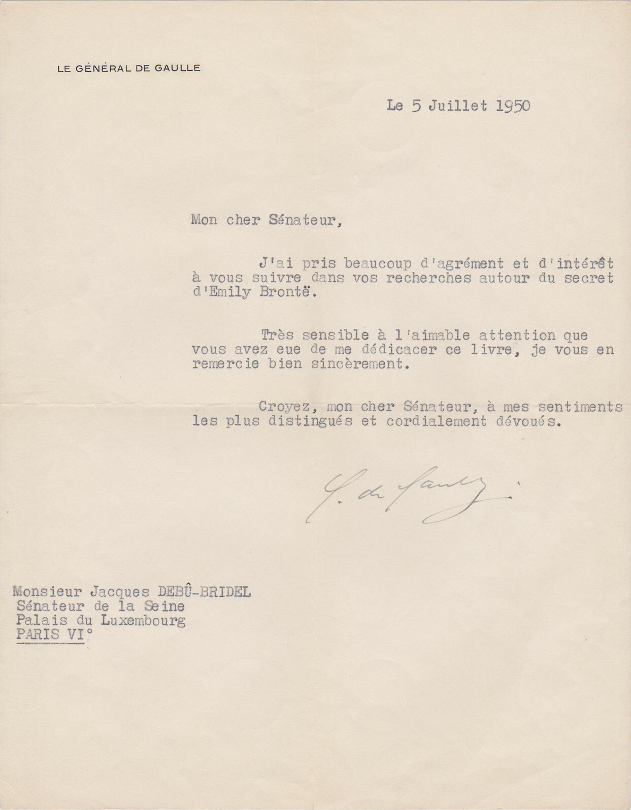 Charles DE GAULLE - Signed Tapestry Letter to Jacques DEBÛ-BRIDEL [LITERATURE]