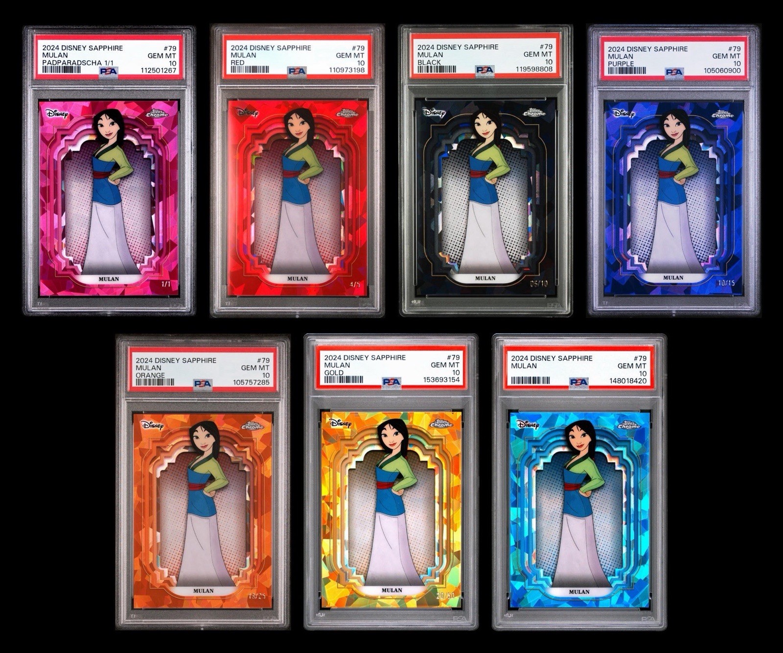 2024 Topps Chrome Disney Sapphire Mulan Complete Rainbow PSA 10 Padparadscha 1/1 2024 Topps Chrome Disney Sapphire Mulan Complete Rainbow PSA 10 Padparadscha 1/1