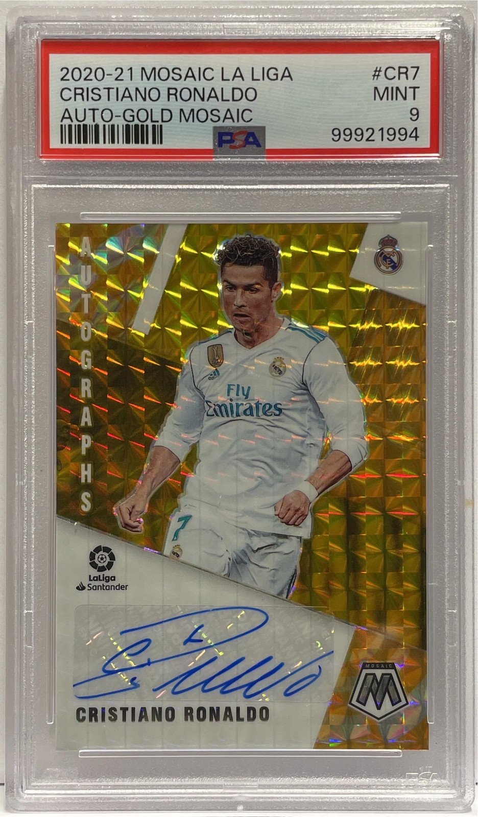 Cristiano Ronaldo 1/10 Autograph Gold Panini Mosaic La Liga 2020/21 PSA 9 Cristiano Ronaldo 1/10 Autograph Gold Panini Mosaic La Liga 2020/21 PSA 9