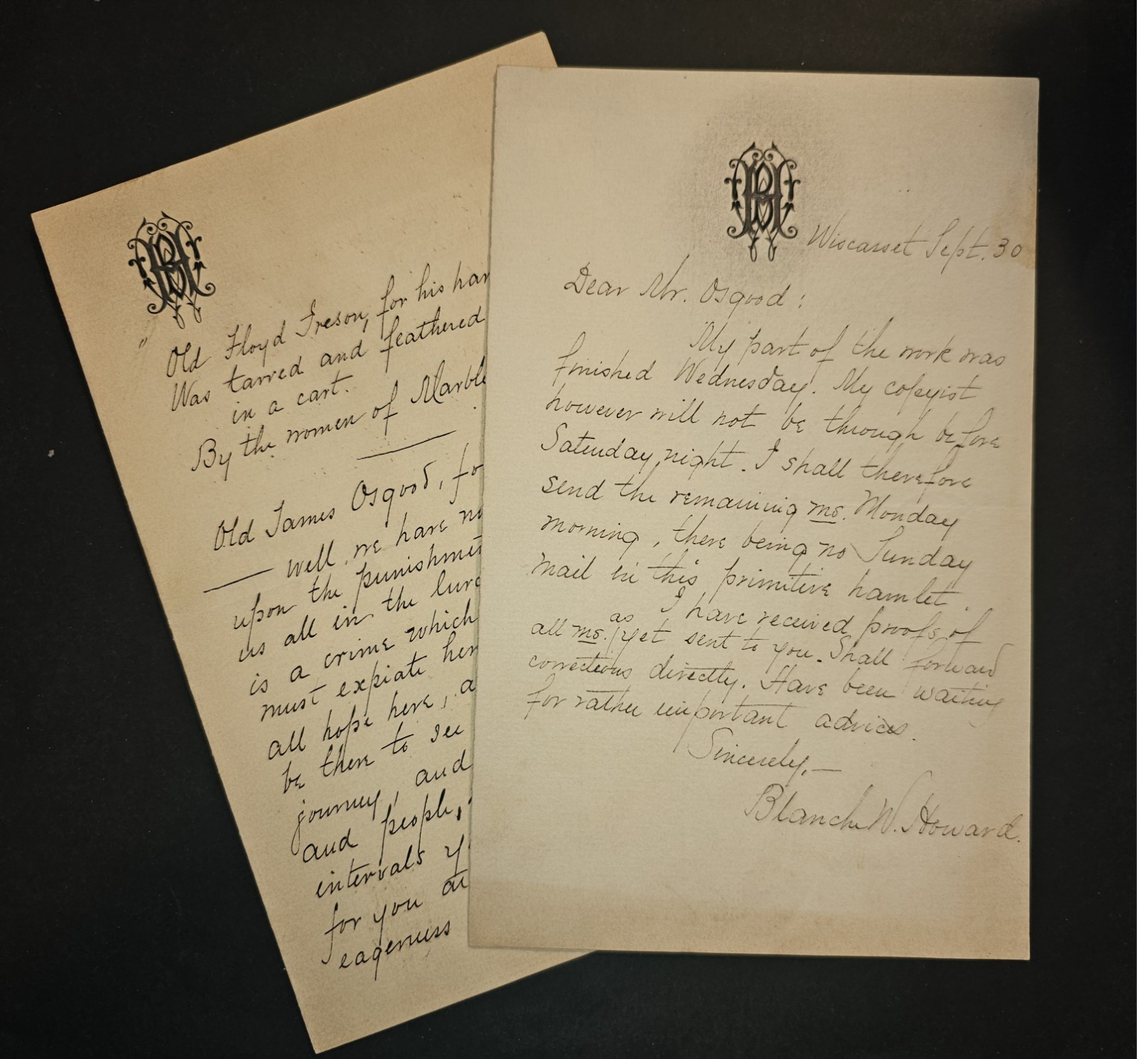 Blanche Willis Howard 2 ALS Lot (1870s–1880s) Literary Letters to James R Osgood Blanche Willis Howard 2 ALS Lot (1870s–1880s) Literary Letters to James R Osgood