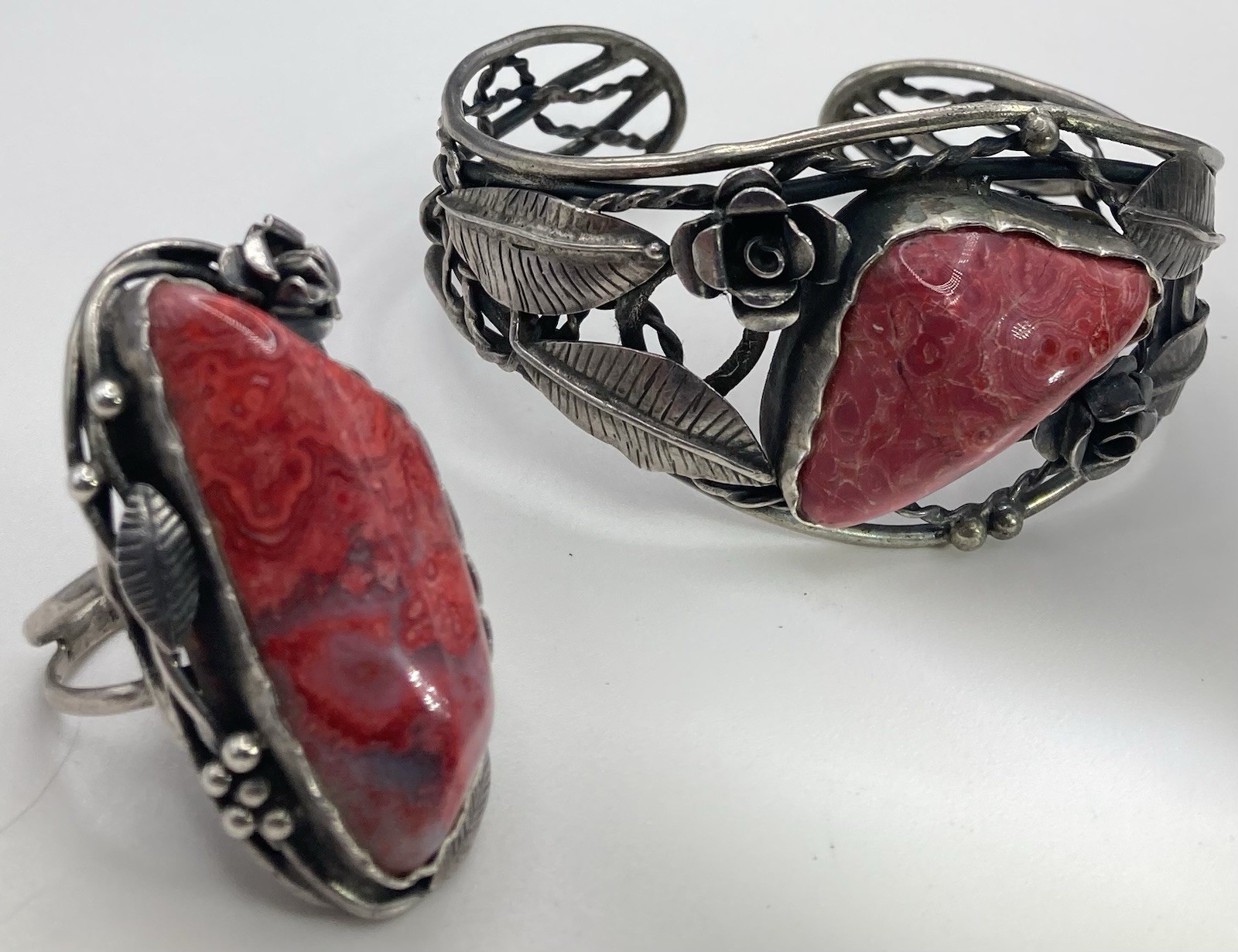 Vintage ORNO Poland 1960s Silver Red Crazy Lace Agate Bracelet Ring Set Vintage ORNO Poland 1960s Silver Red Crazy Lace Agate Bracelet Ring Set