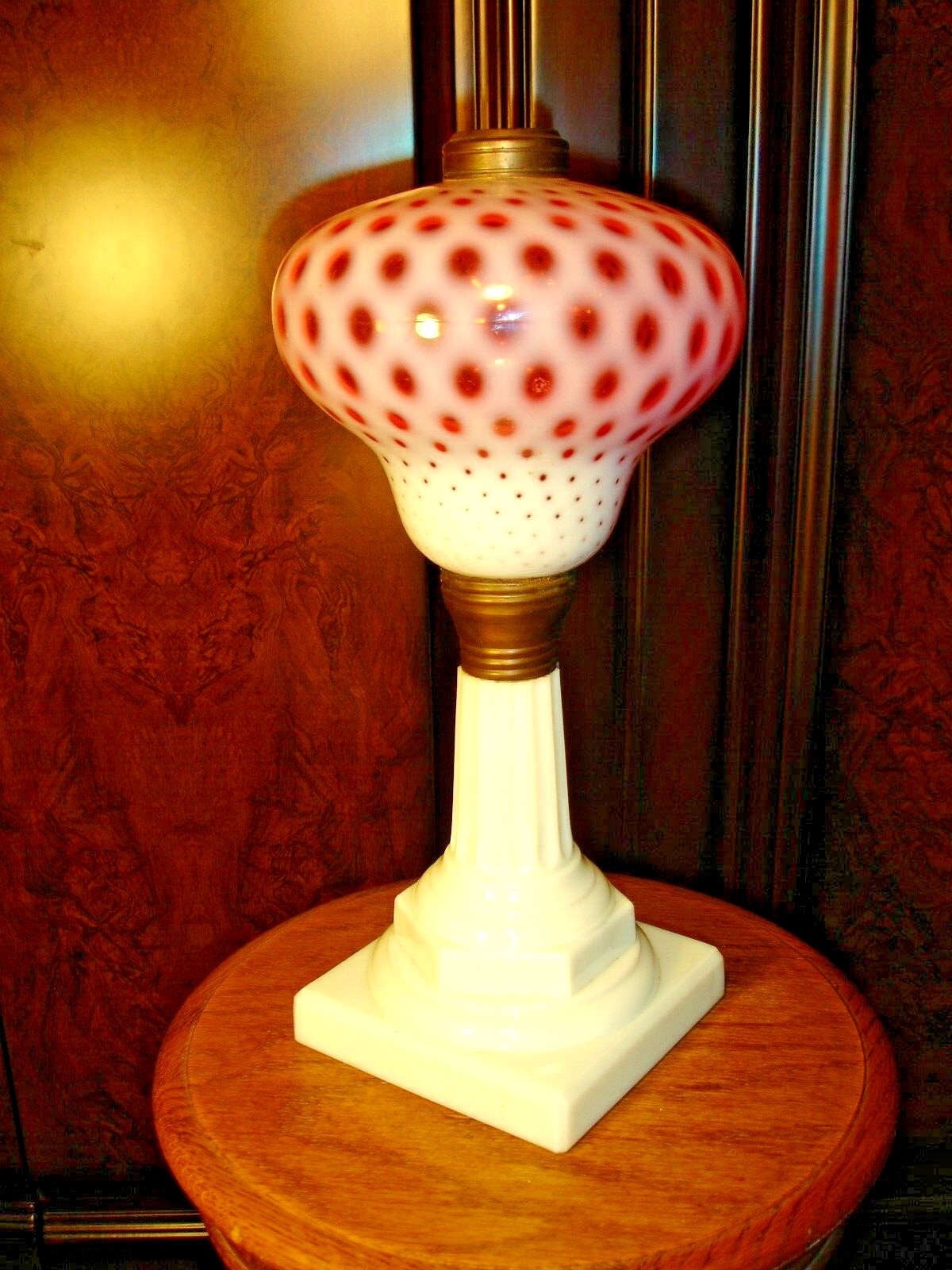 FENTON L.G.WRIGHT POLKA DOT CRANBERRY GLASS OLD OIL LAMP BASE