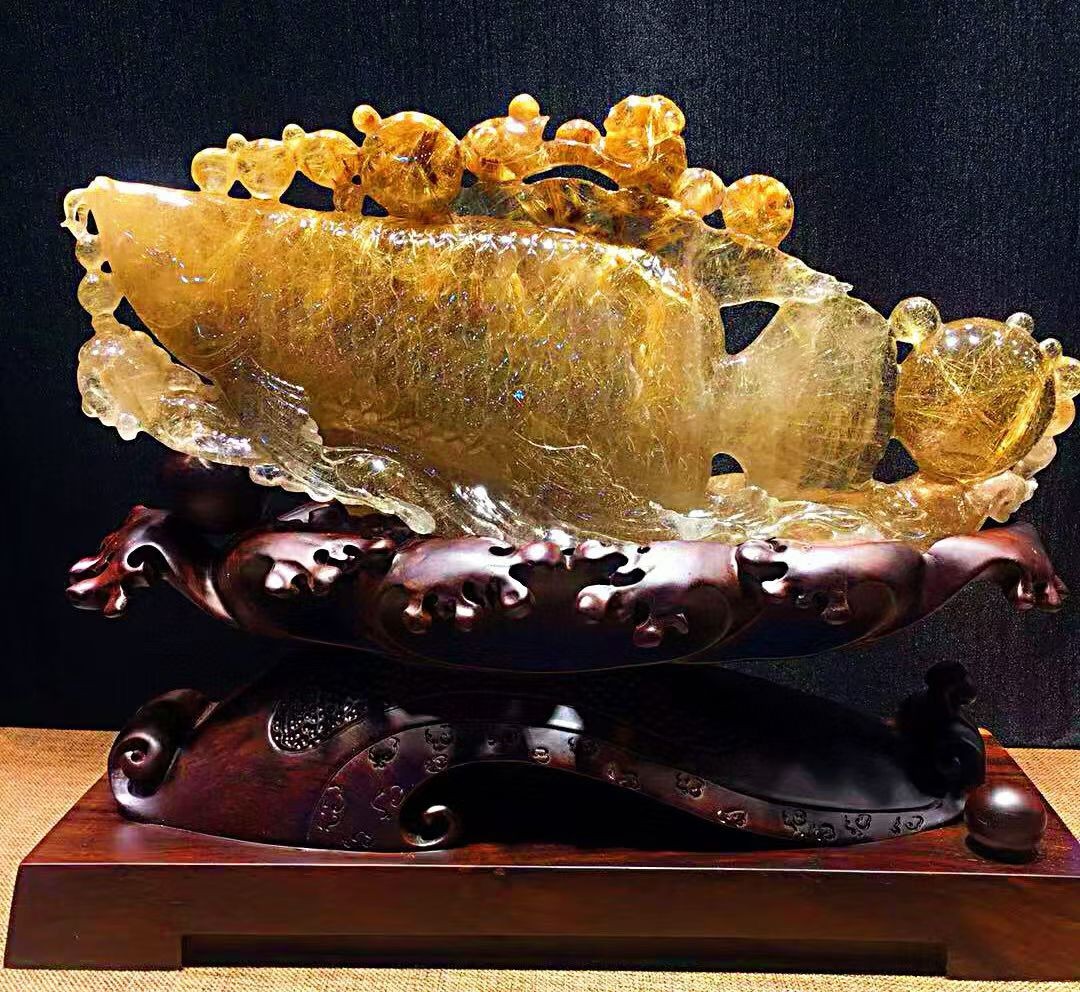 11LB Rare Natural Rutilated Goldfish Carved Quartz Crystal Furnishing Articles