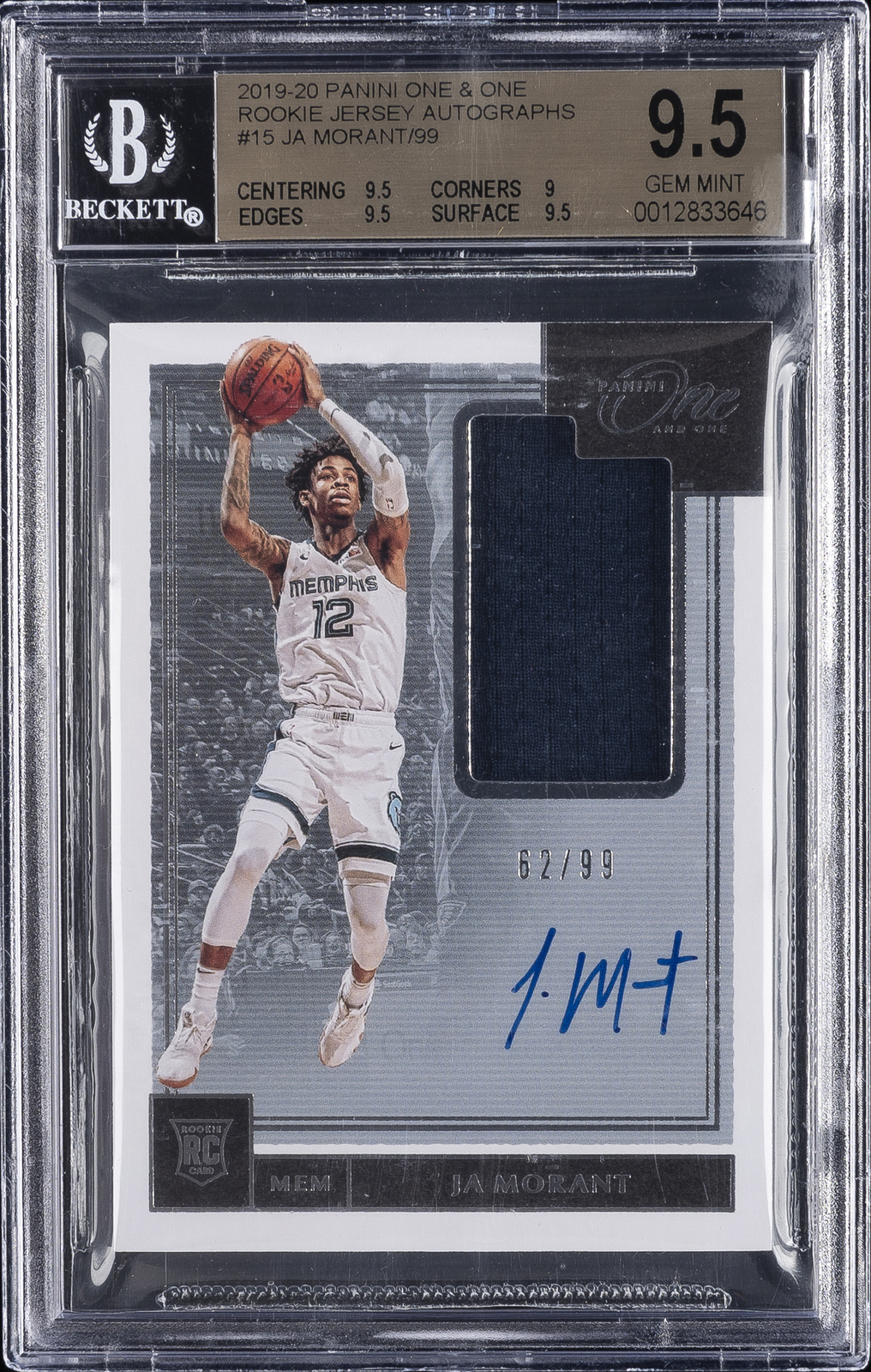 2019-20 PANINI ONE & ONE ROOKIE JERSEY AUTOS #15 JA MORANT/99 BGS 9.5