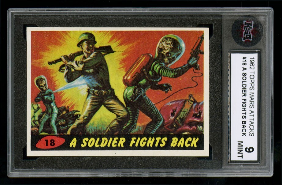 1962 MARS ATTACKS #18 A SOLIDER FIGHTS BACK KSA 9 CENTERED LOW POPULATION SHARP 1962 MARS ATTACKS #18 A SOLIDER FIGHTS BACK KSA 9 CENTERED LOW POPULATION SHARP
