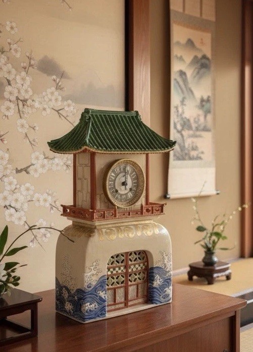 19th-C French Orientalist Japonisme Louis XV Clock Signed Stoneware Pagoda 17” 19th-C French Orientalist Japonisme Louis XV Clock Signed Stoneware Pagoda 17”