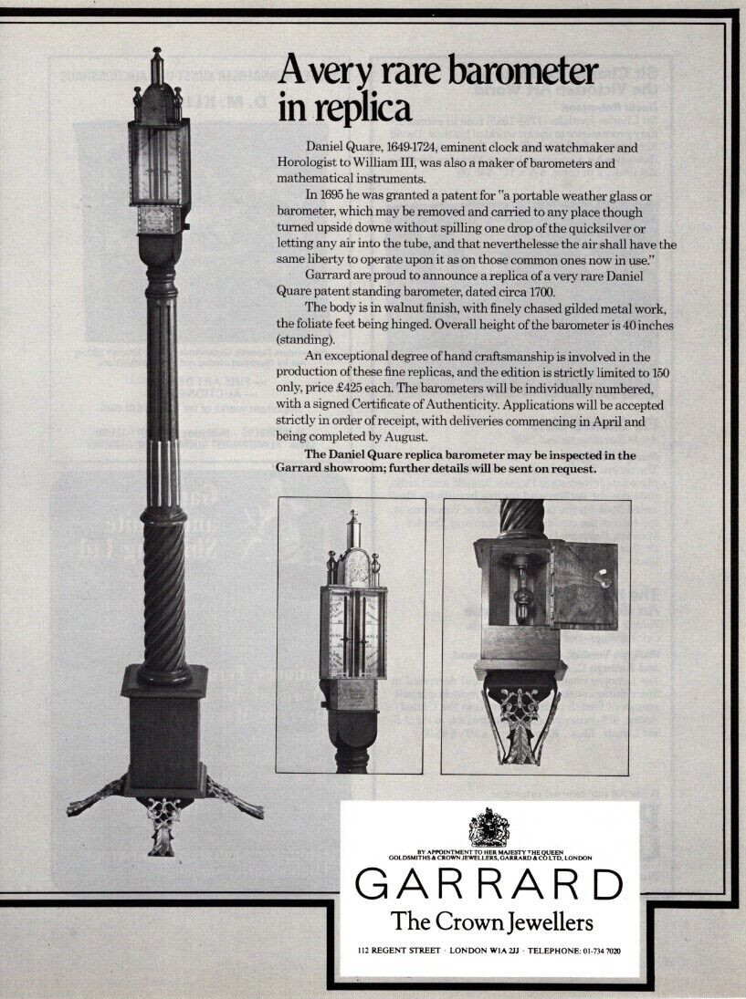 1978 GARRARD/DANIEL QUARE PORTABLE WEATHER GLASS, BAROMETER REPLICA, PRINT AD 1978 GARRARD/DANIEL QUARE PORTABLE WEATHER GLASS, BAROMETER REPLICA, PRINT AD