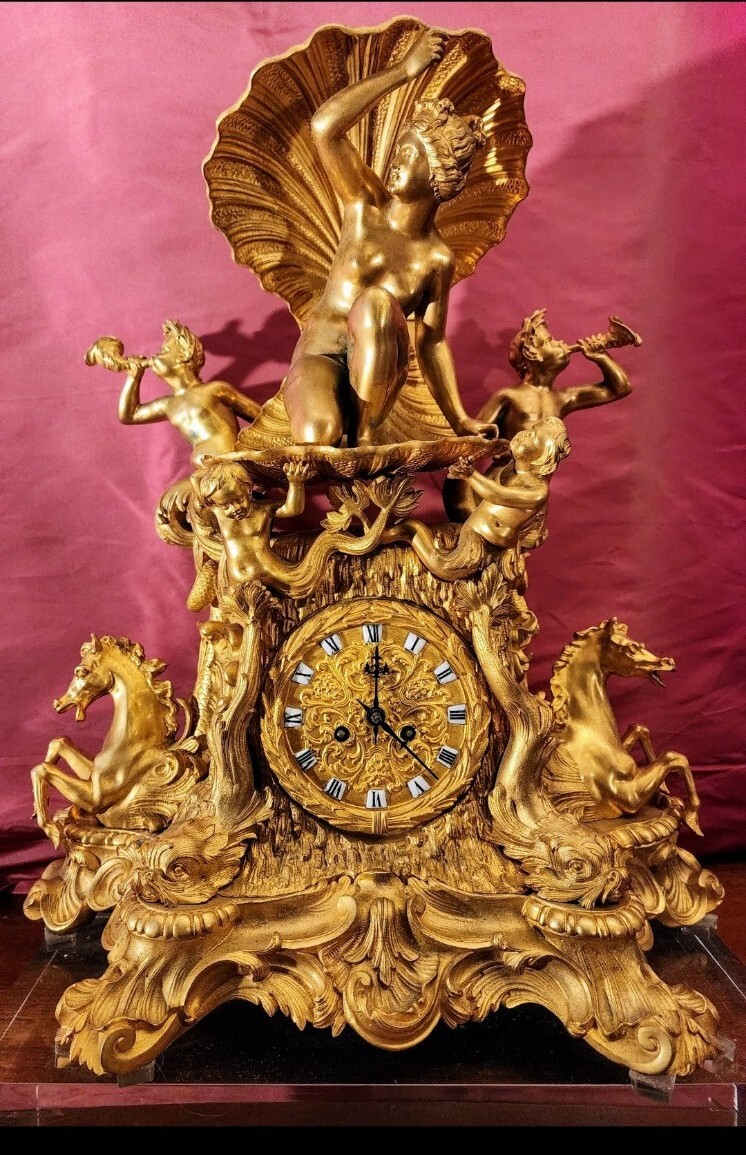 FRENCH ANTIQUE MANTLE CLOCK. GILT BRONZE Venus-Pegasus-Mermen- Dolphins 19th C. FRENCH ANTIQUE MANTLE CLOCK. GILT BRONZE Venus-Pegasus-Mermen- Dolphins 19th C.