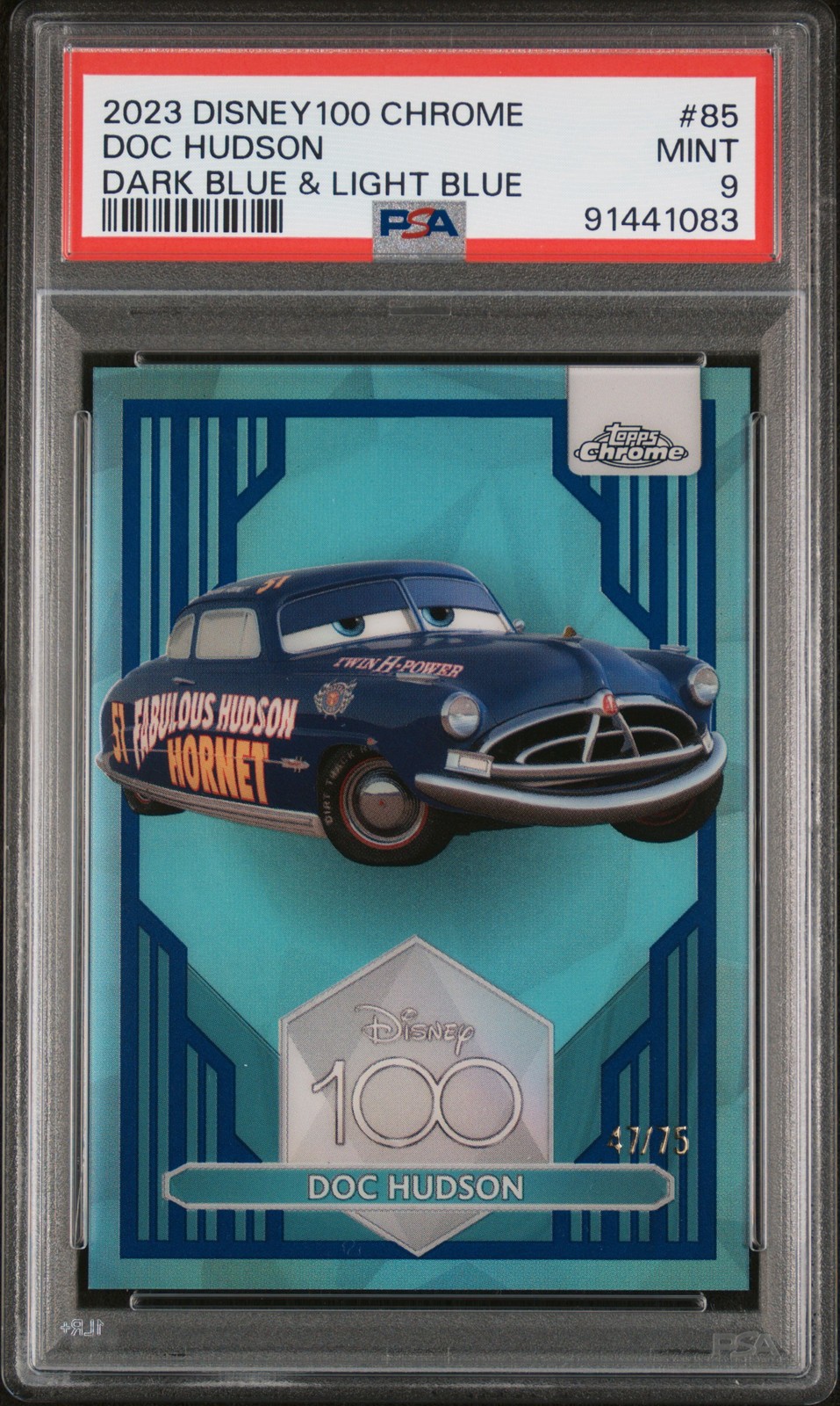2023 Topps Chrome Disney 100 Doc Hudson /75 Dark & Light Blue REFR #85 PSA 9