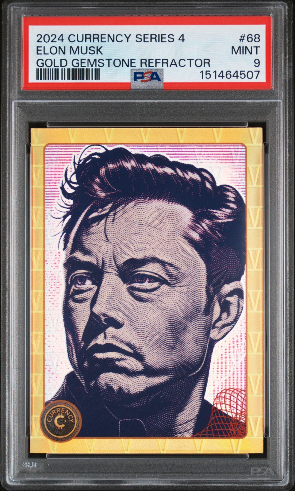 2024 CARDSMITHS CURRENCY SERIES 4 GOLD GEMSTONE REFRACTOR ELON MUSK 10/10 PSA 9