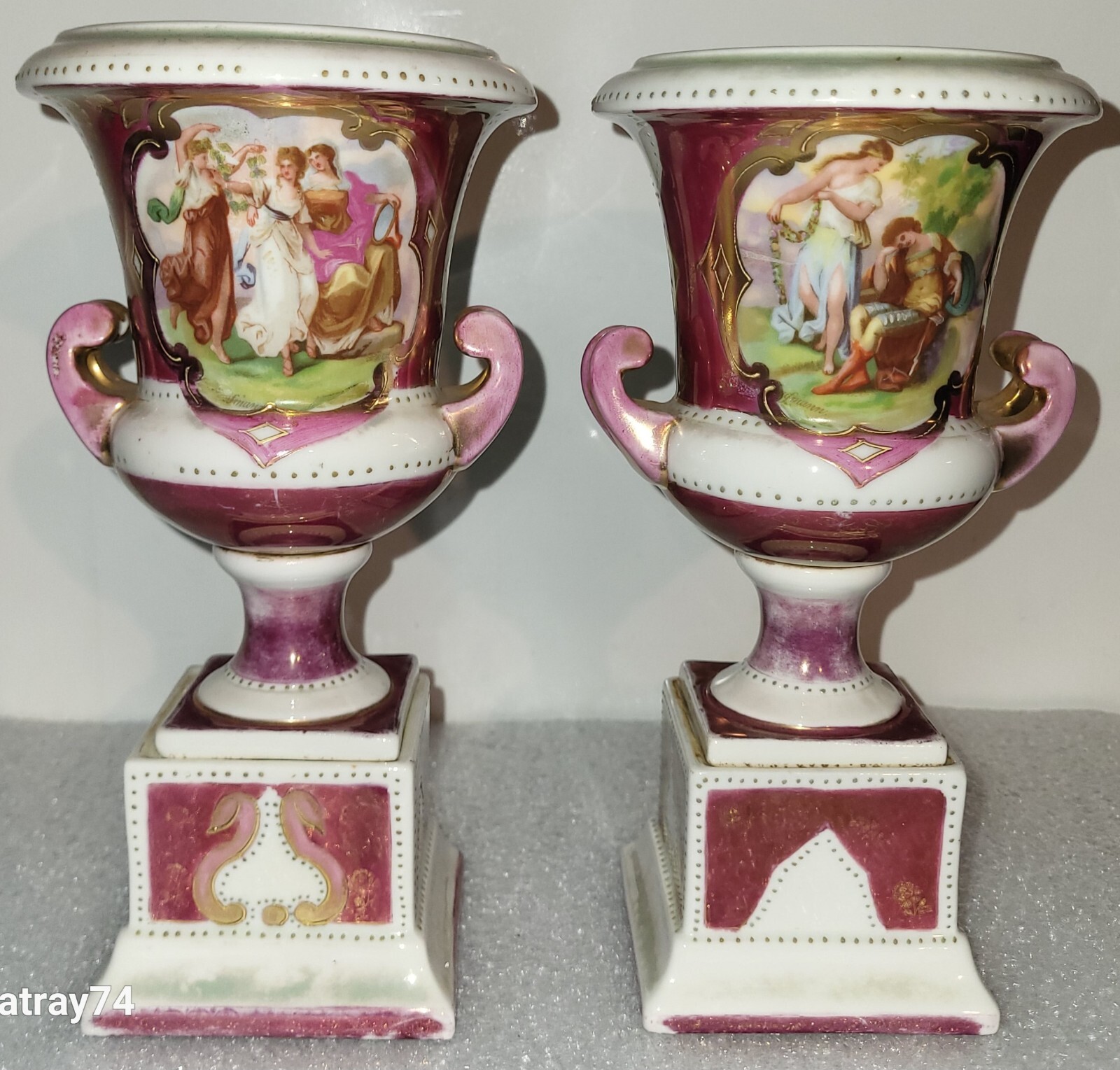 Antique Royal Vienna Style Kaufmann Hand-Painted Vases, Porcelain Urns - 1800's 