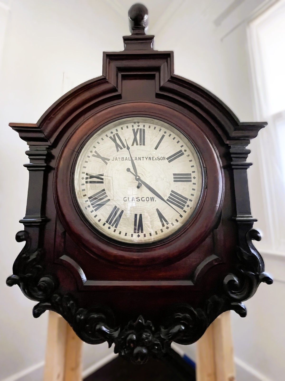 Antique Mahogany Train Station Hotel Clock, James Ballantyne, Glasgow Scotland