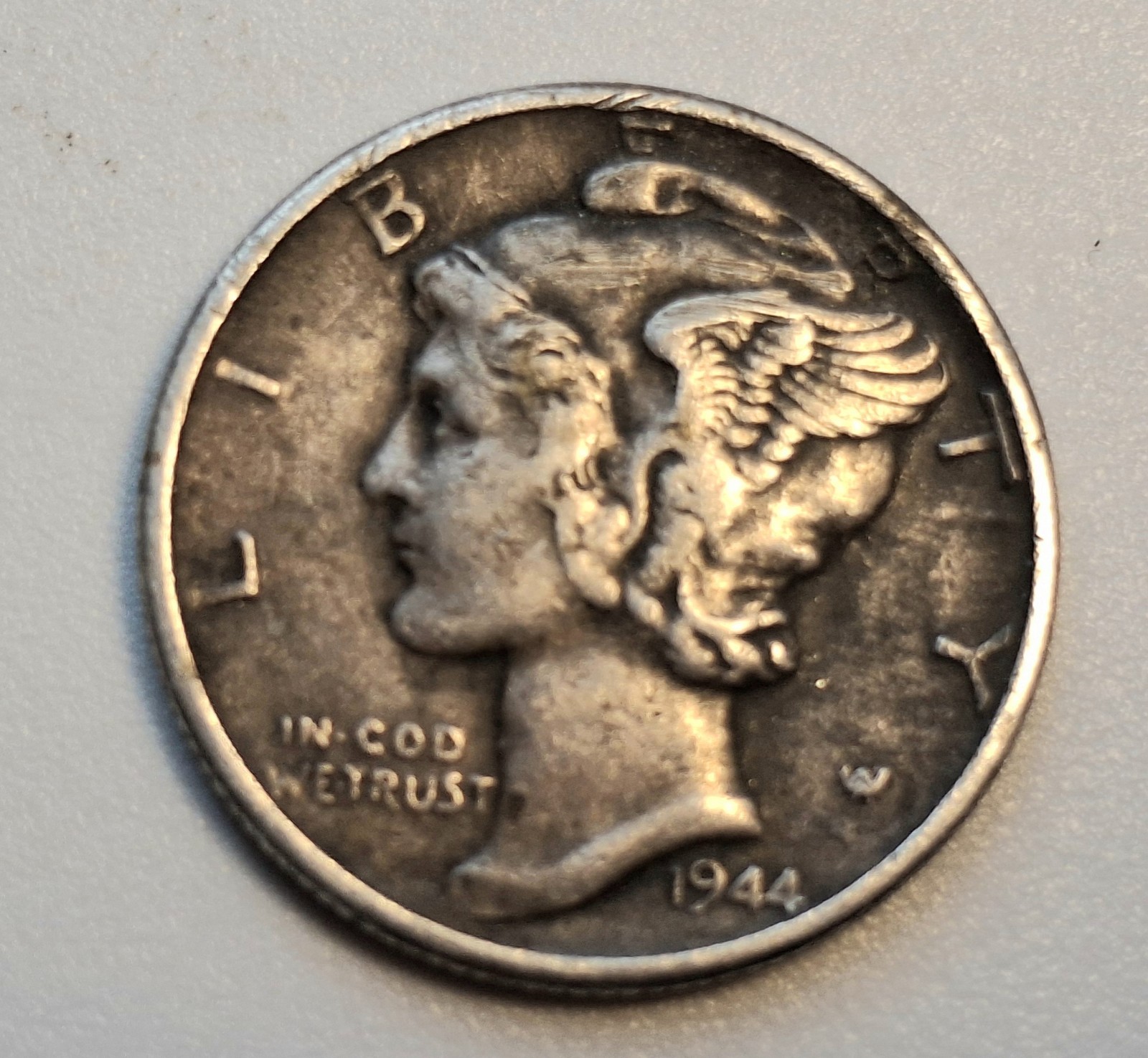 1944 W MERCURY DIME, In Cod We, Off Center, Column, Bands, Sintered, DDO, MM 1944 W MERCURY DIME, In Cod We, Off Center, Column, Bands, Sintered, DDO, MM