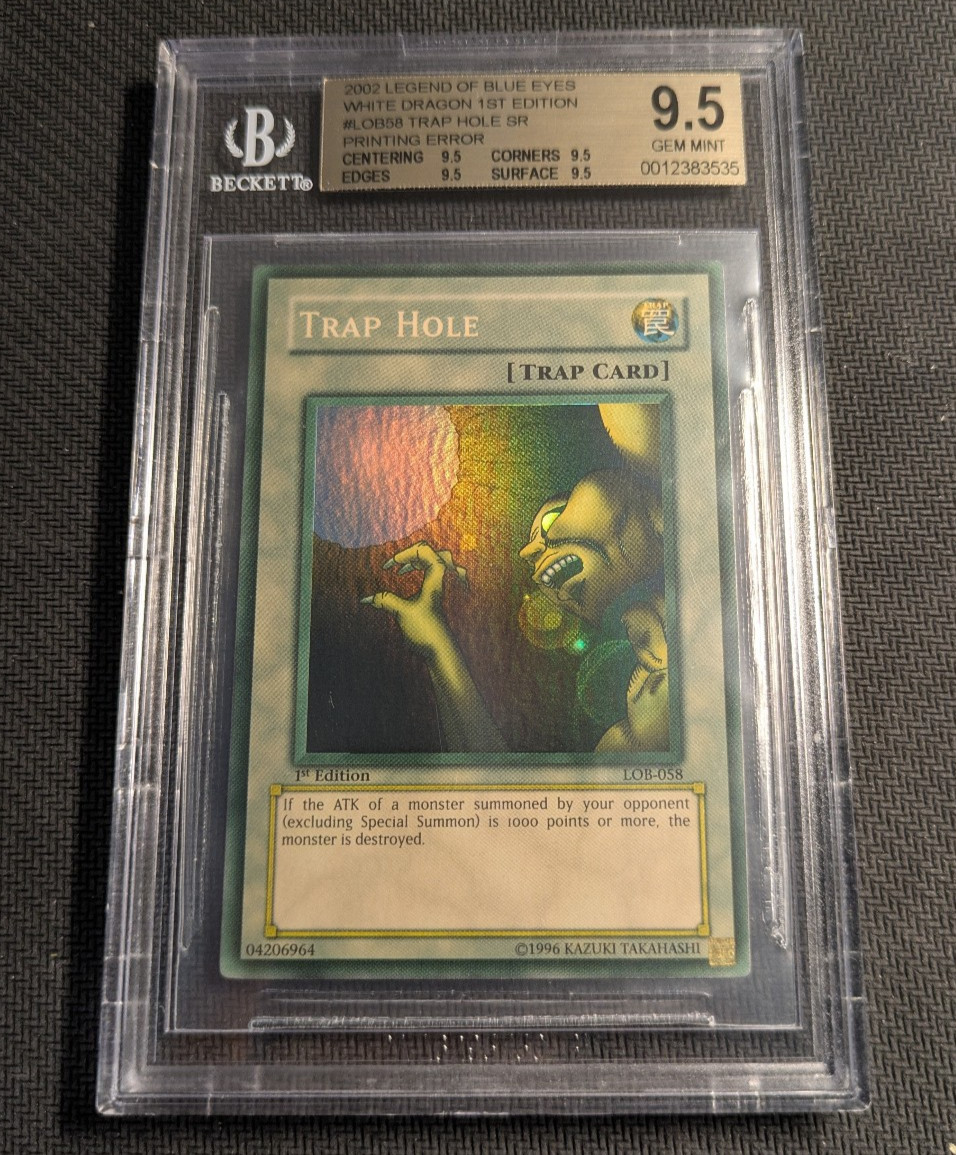 Yugioh Trap Hole LOB-058 1st Ed Super Rare BGS 9.5 Quad Gem Mint Wavy MAX FADE Yugioh Trap Hole LOB-058 1st Ed Super Rare BGS 9.5 Quad Gem Mint Wavy MAX FADE