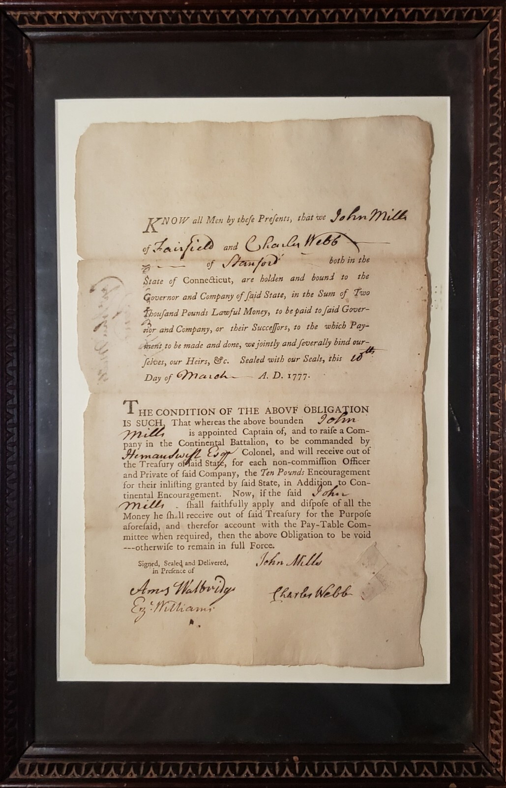 REVOLUTIONARY WAR CT 1777 CONTINENTAL ARMY BOND WEBB MILLS CP WALBRIDGE WILLIAMS REVOLUTIONARY WAR CT 1777 CONTINENTAL ARMY BOND WEBB MILLS CP WALBRIDGE WILLIAMS