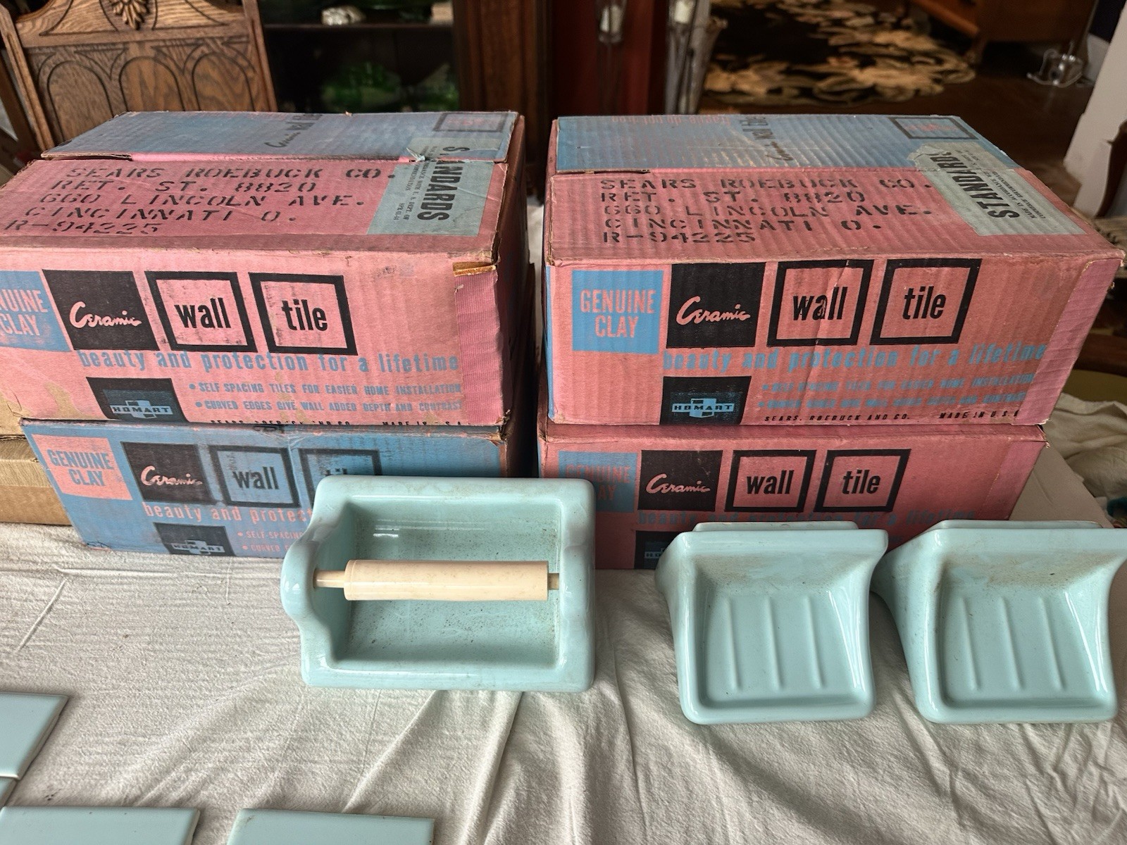 Complete Mid-Century Modern Aquamarine Bathroom Tile System, NOS Complete Mid-Century Modern Aquamarine Bathroom Tile System, NOS