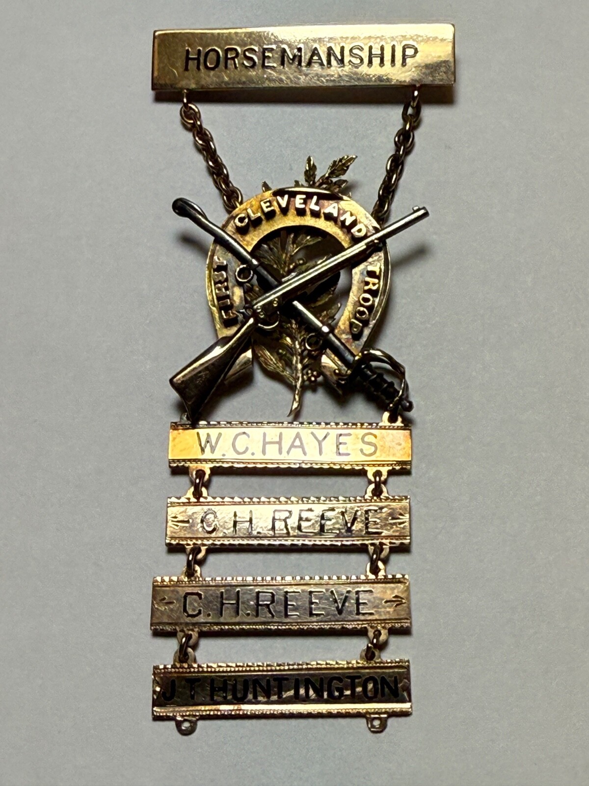 1885-94, 1st CLEVELAND TROOP, HORSEMANSHIP BADGE, 14K GOLD, NAMED, MOH