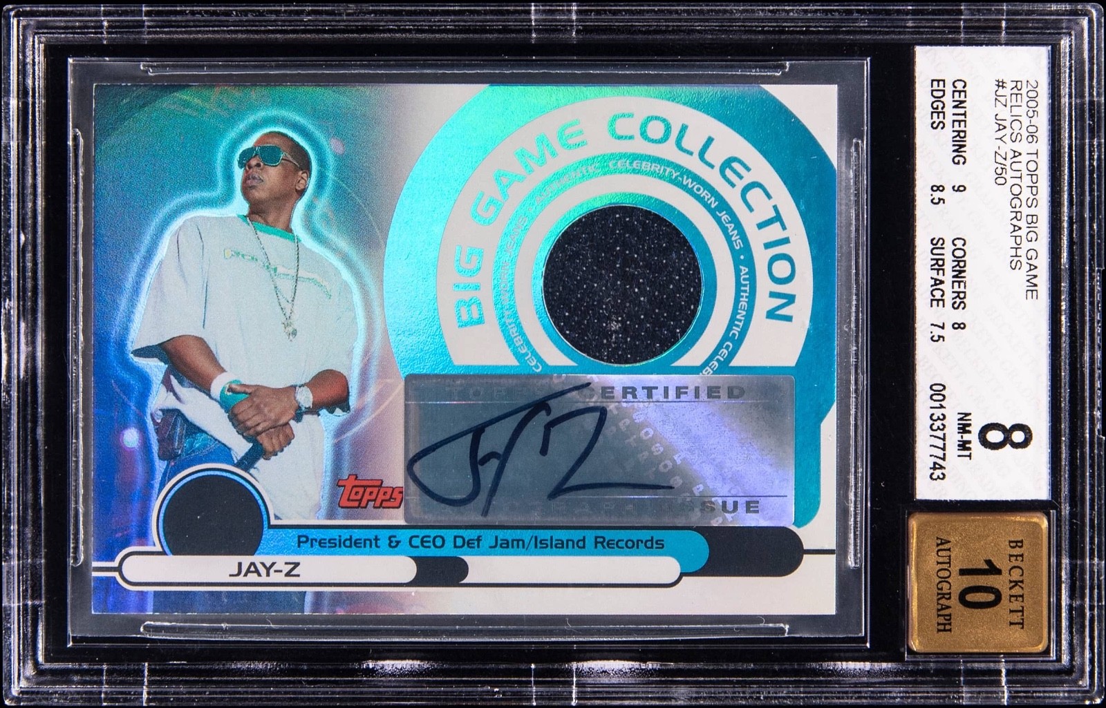 Signed Jay-Z 2005 Topps Big Game #JZ Rookie Card Relic /50 RC RPA Auto BGS 8/10 Signed Jay-Z 2005 Topps Big Game #JZ Rookie Card Relic /50 RC RPA Auto BGS 8/10