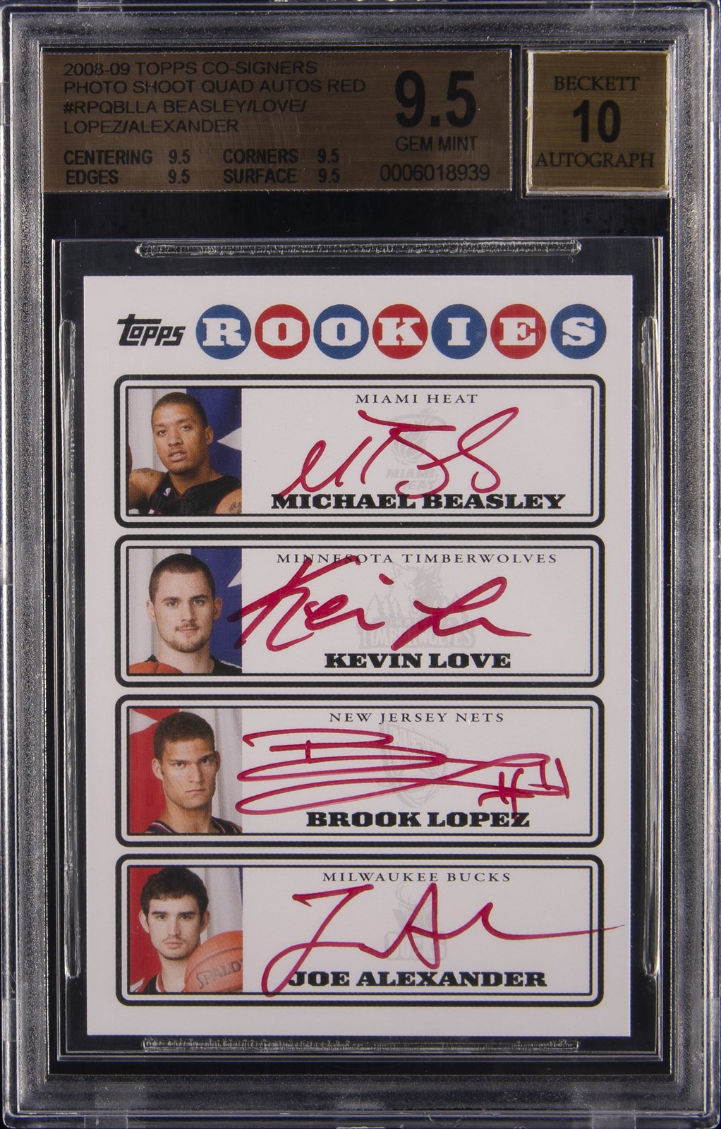 2008-09 TOPPS CO-SIGNERS #RPQBLLA BEASLEY/LOVE/LOPEZ/ALEXANDER BGS 9.5