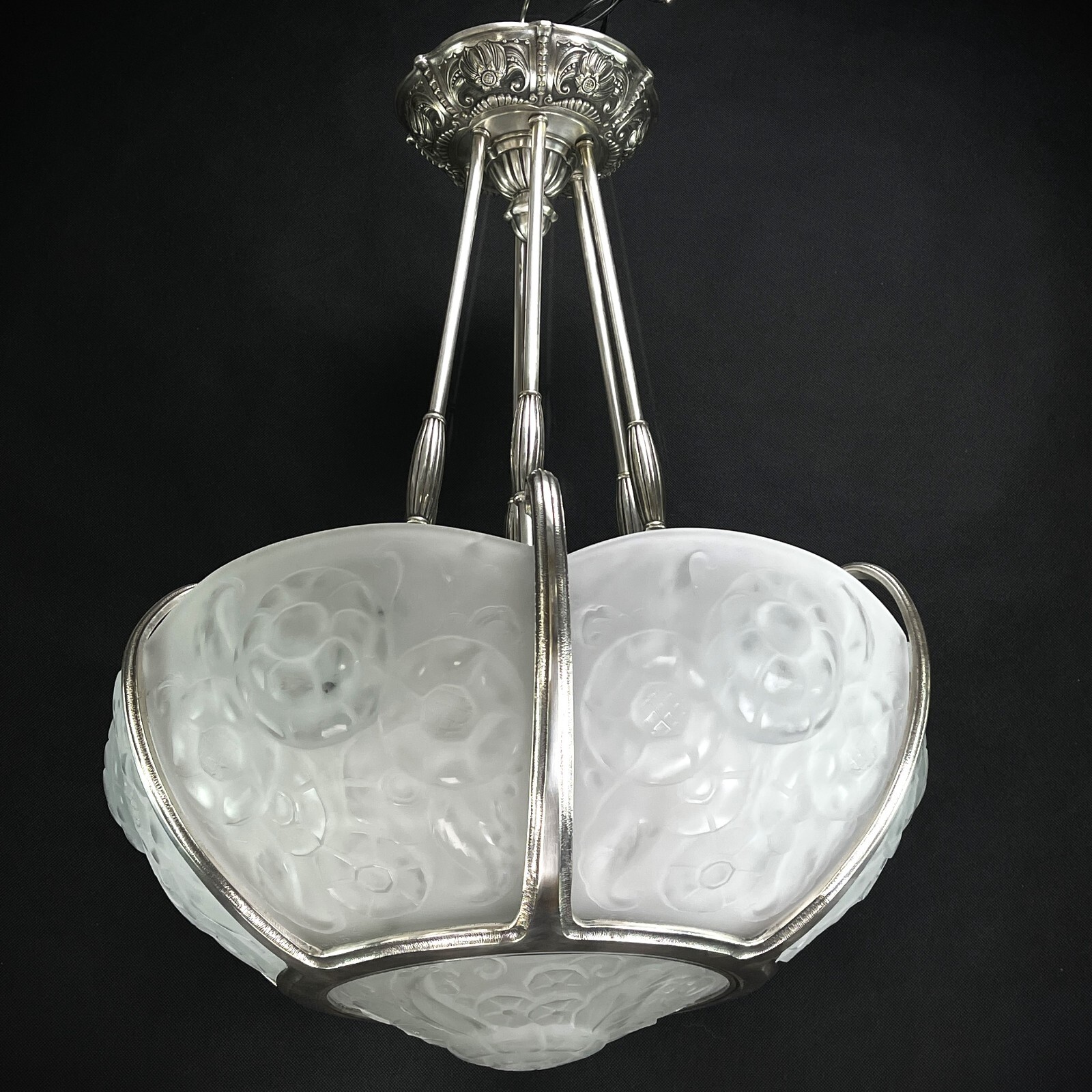Art Deco Chandelier Muller Freres Lunéville Bowl Lamp Nickel-plated