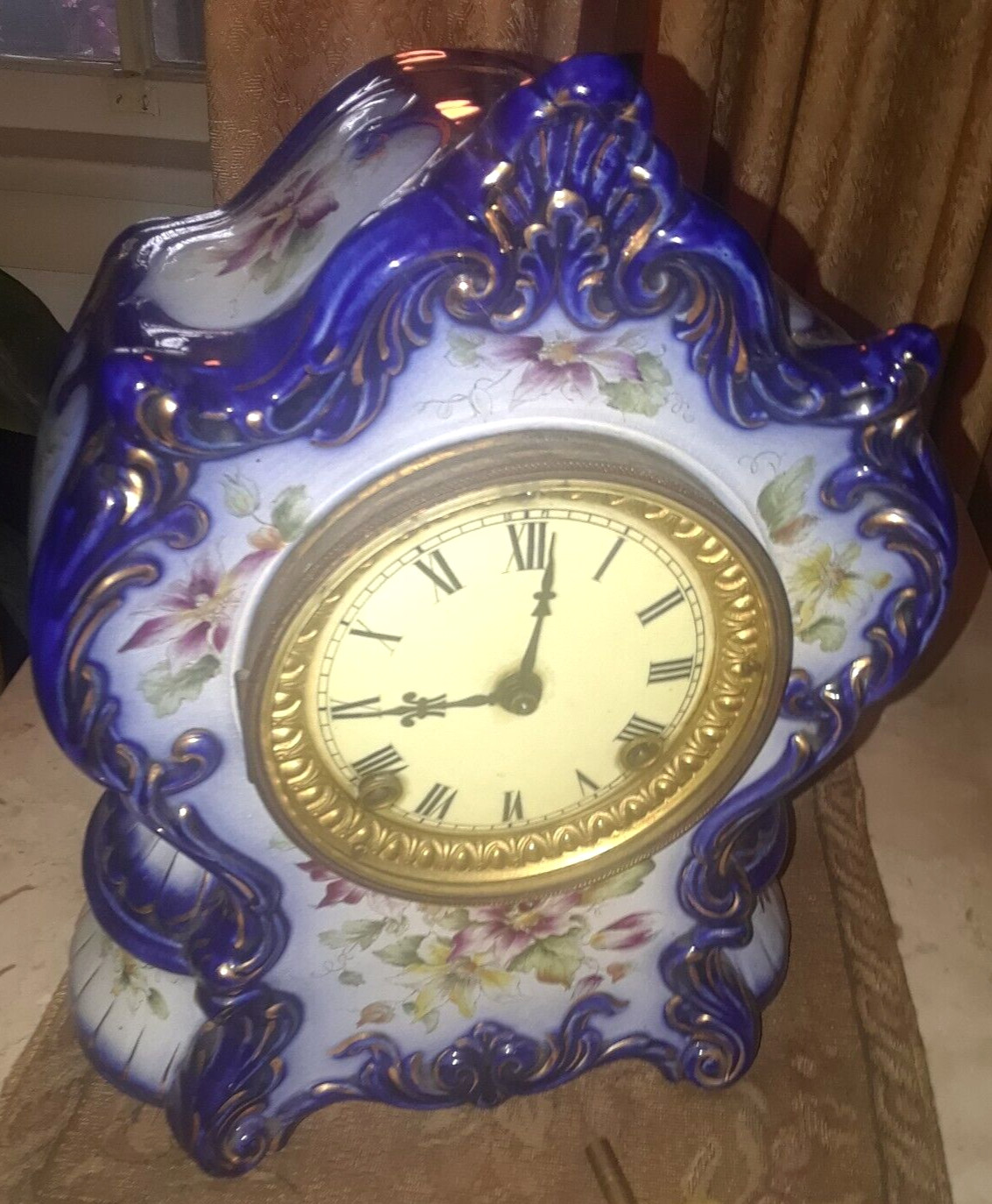 ANTQ Ansonia NY Porcelain Cobalt Mantle Clock◇RARE Winnepeg HP Gilt Case◇Key A+