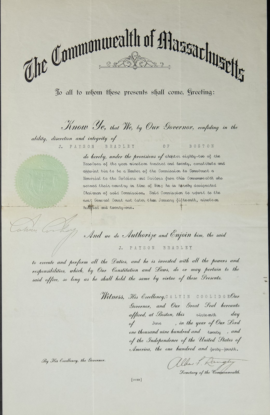 CALVIN COOLIDGE - CIVIL APPOINTMENT SIGNED 06/16/1920 WITH CO-SIGNERS