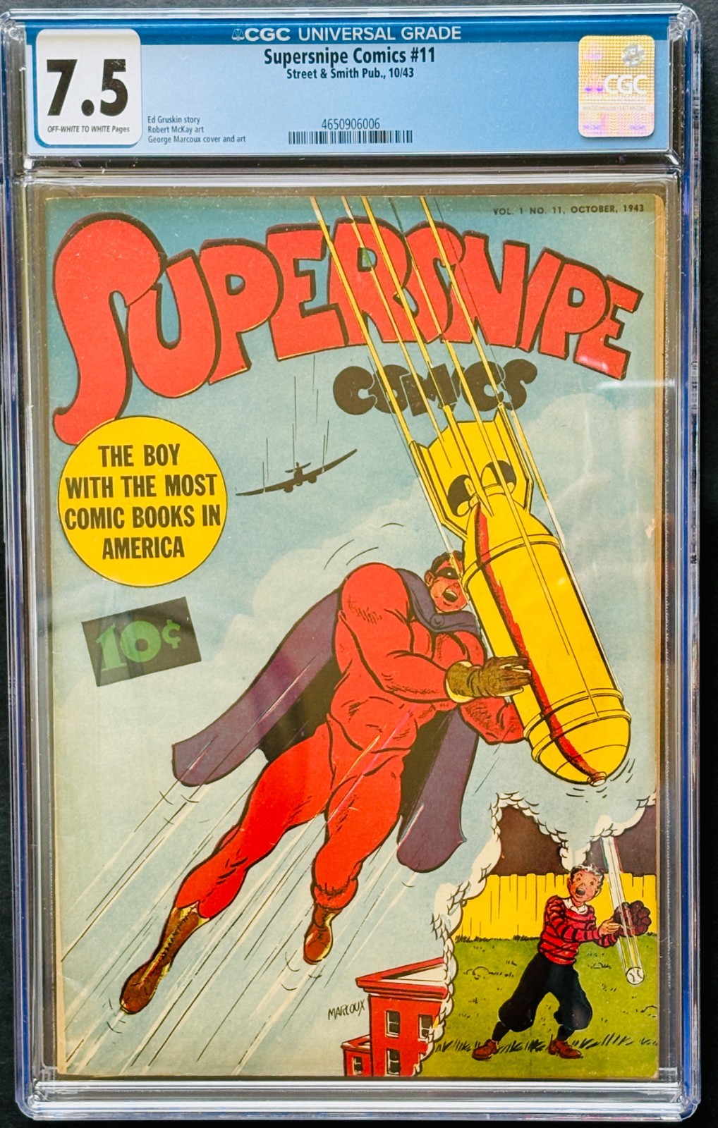 Supersnipe Comics #11 CGC 7.5 VF- 1943 Golden Age WWII Bomb Cover Street & Smith Supersnipe Comics #11 CGC 7.5 VF- 1943 Golden Age WWII Bomb Cover Street & Smith
