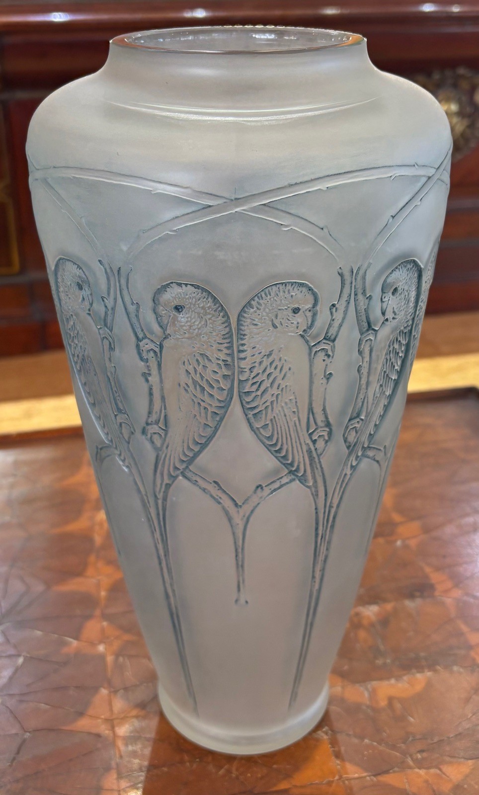 René Lalique Inséparables Vase No.887 Blue Patina Frosted Glass c1919 Signed