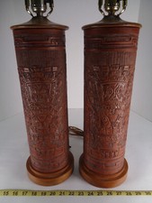 Pair of Vintage Lamps Cylinder Shaped Leather Wrapped Ancient Aztek Mayan Theme picture