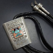 Vintage ABRAHAM BEGAY Navajo TURQUOISE CORAL Inlay Sterling Silver BOLO Tie picture