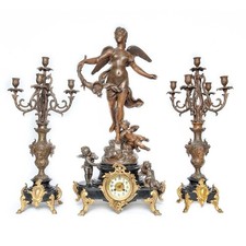 Large French ARGENT Bronze Clock Set w/ Cherubs,Black Marble Base, 1855 Movement picture