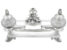 Antique Victorian Sterling Silver and Glass Inkstand / Desk Standish picture