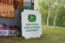 SCARCE 1960s JOHN DEERE LAWN GARDEN EQUIPMENT 2-SIDED METAL DEALER SIGN FARM picture