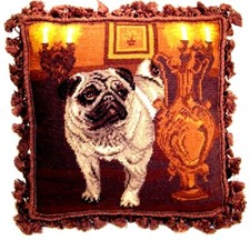 Pug Dog Pillow Needlepoint  Fringed Pillow  NWT  Lg 16” x 16”  picture