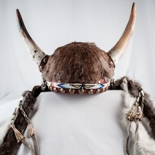 VINTAGE Native America Tribal Handmade Buffalo Fur Helmet Horn Hat picture