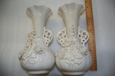 ANTIQUE BELLEEK VICTORIAN PRINCESS PORCELAIN VASES FLOWER ROSES LILY OF VALLEY picture