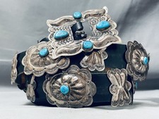 IMPORTANT BEN YAZZIE VINTAGE NAVAJO TURQUOISE STERLING SILVER CONCHO BELT picture