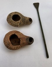 Ancient Syrian Terracotta Oil Lamps (2) + Bronze Tool Authentic Antiquities Lot picture