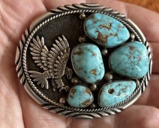 Rare Great Sterling Silver Navajo Michael Perry Eagle Turquoise Belt Buckle picture
